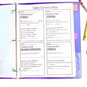 Student data notebook showing Fluency, Stamina, Reading Strategies, and Phonics categories for reading conference notes