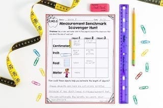 Rulers with second grade measurement worksheet showing centimeter, inch, foot, and meters