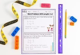 Image of a second grade measurement worksheet showing activities with measuring tools around the worksheet.