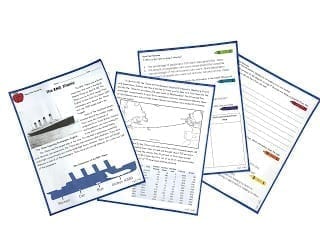 Four pages from reading comprehension resource showing article on titanic and standardized test based questions