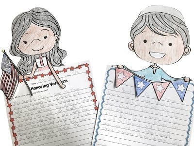 Image of Honoring Veterans writing prompts with toppers of girl and boy holding patriotic items.