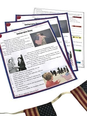 Image of Veterans day differentiated reading passages with an answer sheet behind them and american flags in the foreground.