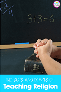 Religion in the classroom blog post cover showing hands on a bible in class