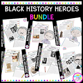 Cover of Black History Heroes bundle showing resources with Martin Luther King, Rosa Parks, Harriet Tubman, Sojourner Truth, Frederick Douglass, Malcolm X, and others.