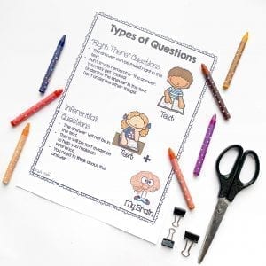 Types of Questions Worksheet showing Right There and Inferential questions