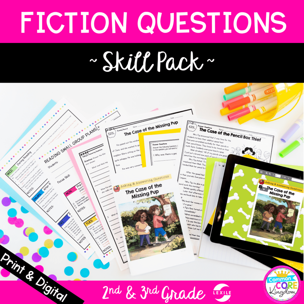 Ask and answer questions 2nd and 3rd grade skill pack cover showing digital and print teaching resources