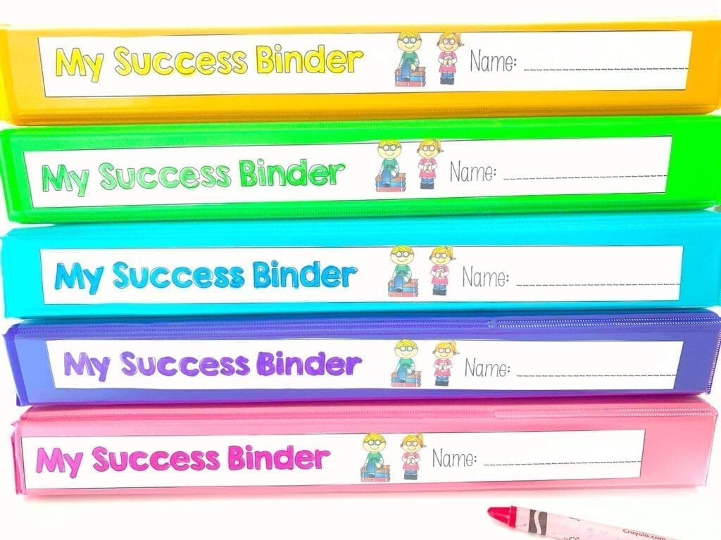 Stack of success binders for student and teacher data.