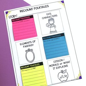 Sticky Chart showing an activity from the Recount Folktales resource