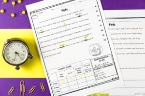 Fluency reading passage about Pets with fluency scoring table on bottom of page. A second passage about pets is behind it, but this one has comprehension questions. A clock sits on the right over a yellow and purple background.