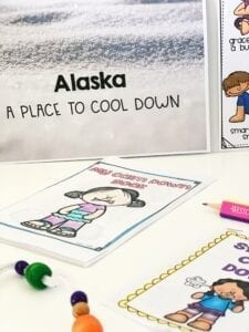 Cool down corner exercised laid out on table. Text reads "Alaska, A Place to Cool Down"