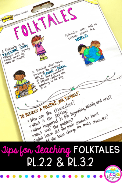 Tips for Teaching RL.2.2 and RL.3.2 with image of anchor chart for recounting folktales