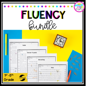 Fluency Progress Monitoring product bundle for 1st, 2nd, 3rd, 4th, 5th grade showing reading fluency product