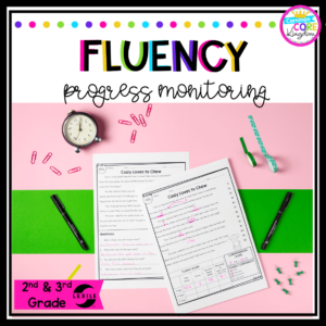 Fluency Progress Monitoring product cover for first grade showing reading fluency product
