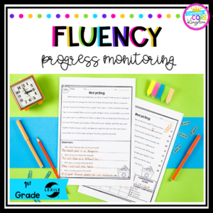 Fluency Progress Monitoring product cover for first grade showing reading fluency product