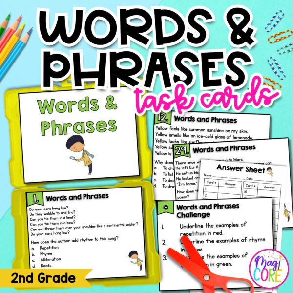 Poetry Task Cards - Words & Phrases in Poems Rhyme Alliteration 2nd Grade RL2.4