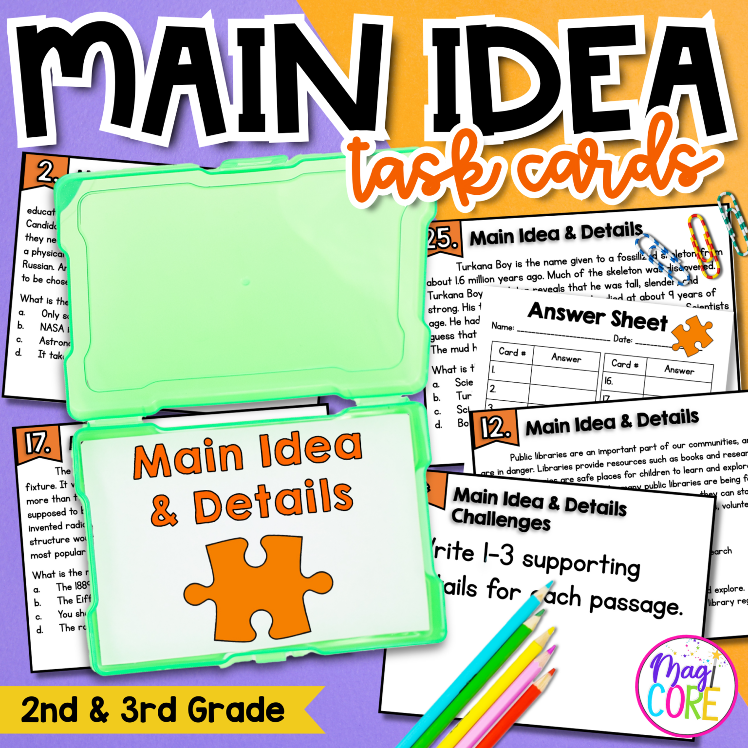 Main Idea &amp; Details Task Cards 2nd 3rd Grade | MagiCore