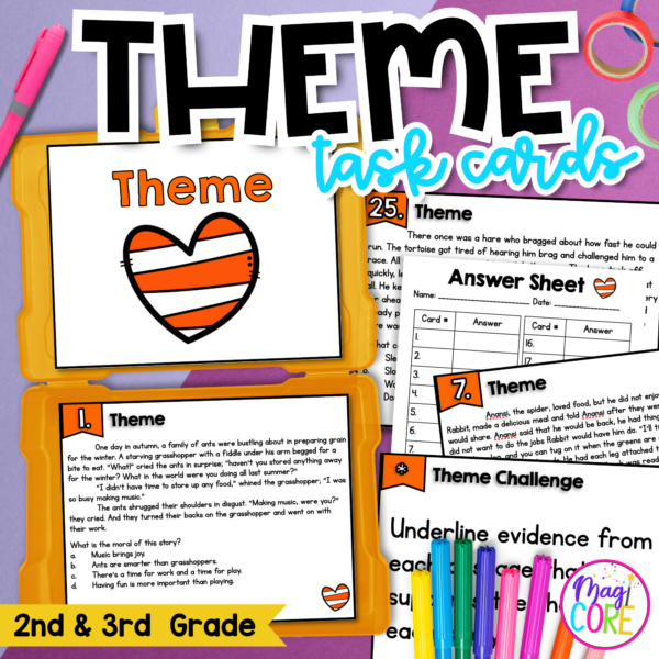Theme Task Cards 2nd 3rd Grade RL.2.2 RL.3.2 Reading Activity Center Game Story