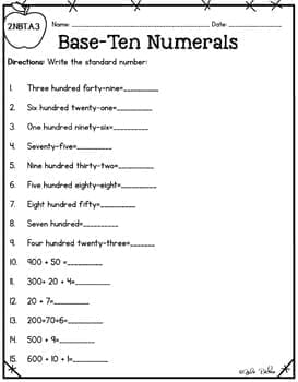 Base-Ten Numerals Worksheet with 15 problems to write numbers in standard form