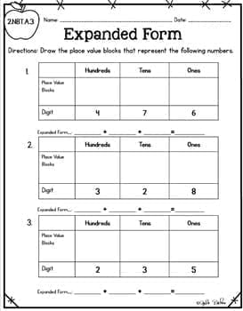 Expanded Form Worksheet with 3 problems, broken down into 3 columns to signify place value