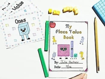Student created Place Value Book cover with place value flashcards, pencil, and math counter manipulatives