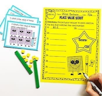 Place Value Scoot game page with game question cards and counter manipulatives