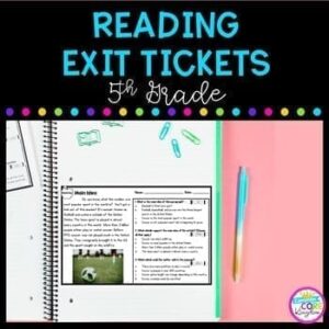 5th grade reading exit tickets with distance learning google forms version cover showing an exit ticket on a notebook and a pencil with a peach background