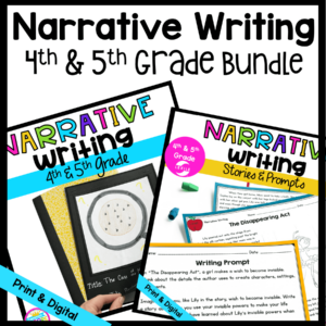 Narrative Writing Bundle cover for 4th & 5th Grade, both printable and digital versions, showing two passages and a student-made book cover