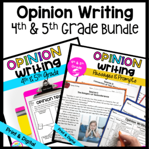 Opinion Writing Bundle Cover for 4th & 5th Grade, showing writing and passages and prompts product covers in printable and digital formats