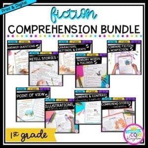 1st Grade Fiction Comprehension Bundle cover showing various covers of printable and digital worksheets