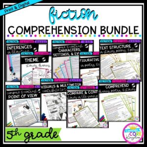 5th Grade Fiction Comprehension Bundle cover showing multiple product covers with printable and digital worksheets