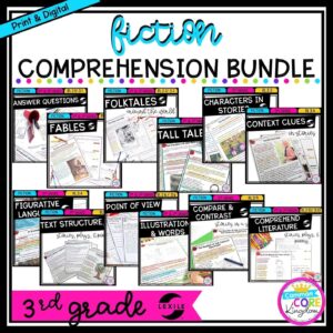 3rd grade fiction comprehension bundle cover showing multiple covers with various printable and digital worksheets