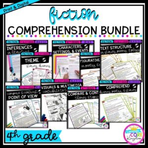 4th Grade Fiction Bundle cover showing various product covers with printable and digital worksheets