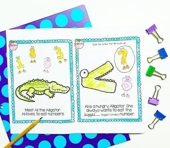 Hungry Alligator anchor chart page explaining greater than and less than surrounded by pencil and binder clips