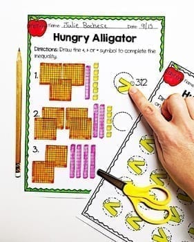 Hungry Alligator worksheet page and alligator mouth cut out page with scissors and a pencil