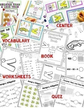 Collage of various Hungry Alligator worksheets with words in red, highlighting unit contents
