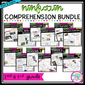 2nd & 3rd grade nonfiction comprehension bundle cover showing various product covers with printable and digital worksheets