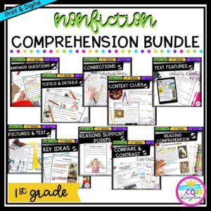1st Grade Nonfiction Comprehension Bundle cover showing multiple covers of printable and digital worksheets