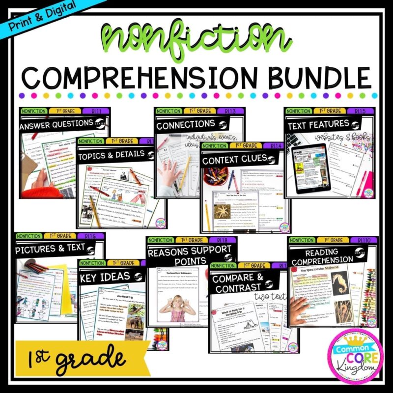 1st Grade Nonfiction Comprehension Bundle cover showing multiple covers of printable and digital worksheets