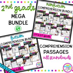 2nd grade mega reading comprehension bundle cover showing multiple product covers with various printable and digital worksheets