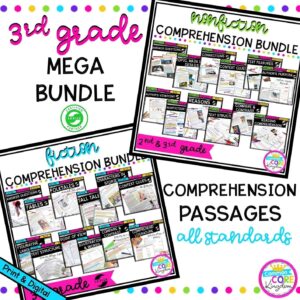 3rd grade mega reading comprehension bundle showing multiple covers with various printable and digital worksheets