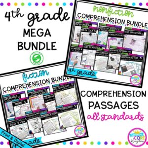 4th grade mega comprehension bundle cover showing multiple product covers with various printable and digital worksheets