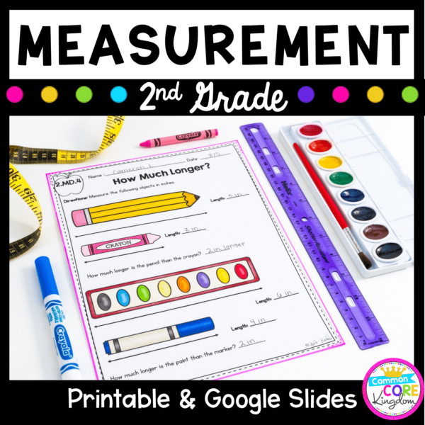 Measurement for 2nd Grade lesson cover showing a printable worksheet and a purple ruler