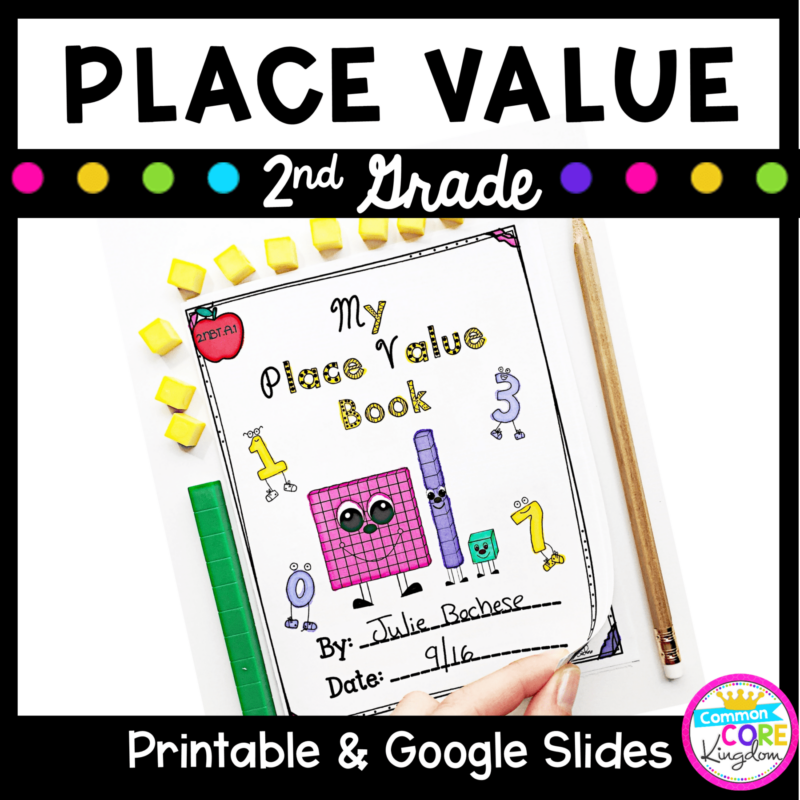 Resource cover for place value second grade math product that is printable and in google slides