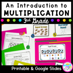Introduction to Multiplication cover for 3rd grade showing multiple worksheets available in printable and digital formats