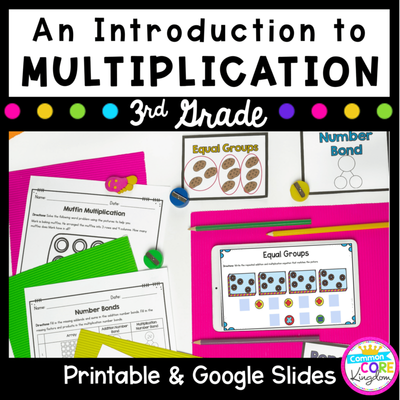 Introduction to Multiplication cover for 3rd grade showing multiple worksheets available in printable and digital formats
