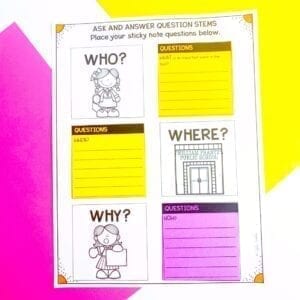 Sticky Note Anchor Chart showing Who, What, Where, When, Why, How questions