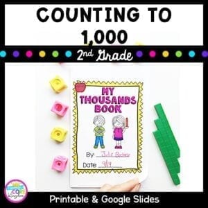 Counting to 1000 resource cover showing a 2nd grade math worksheet with yellow and red counting blocks.