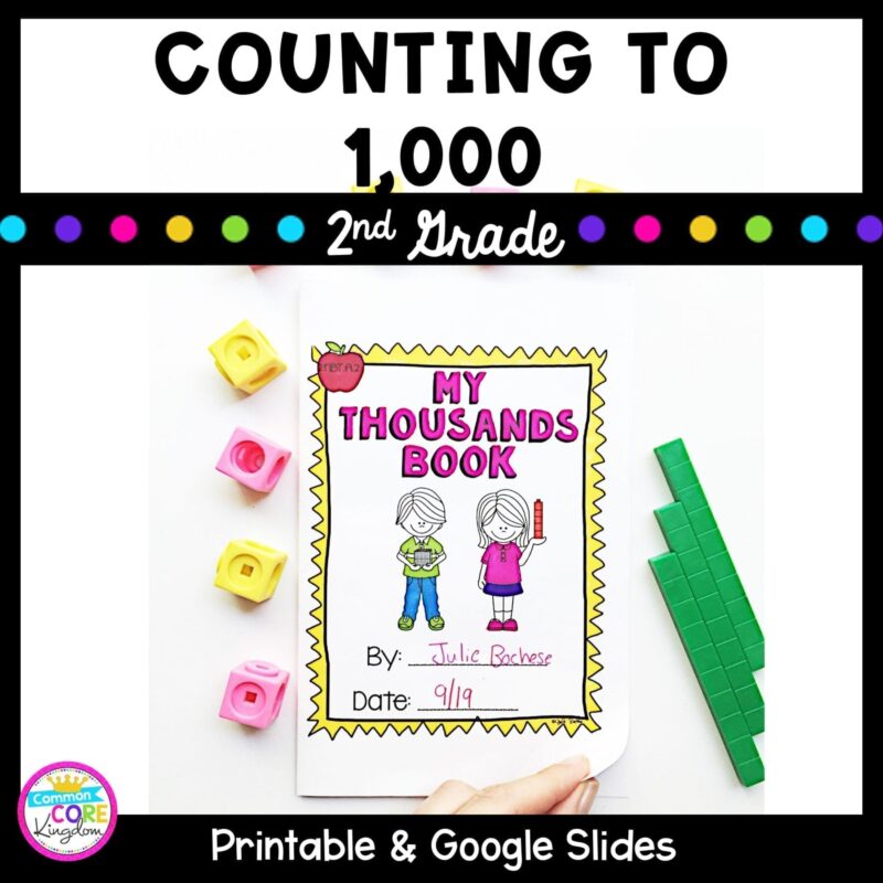 Counting to 1000 resource cover showing a 2nd grade math worksheet with yellow and red counting blocks.