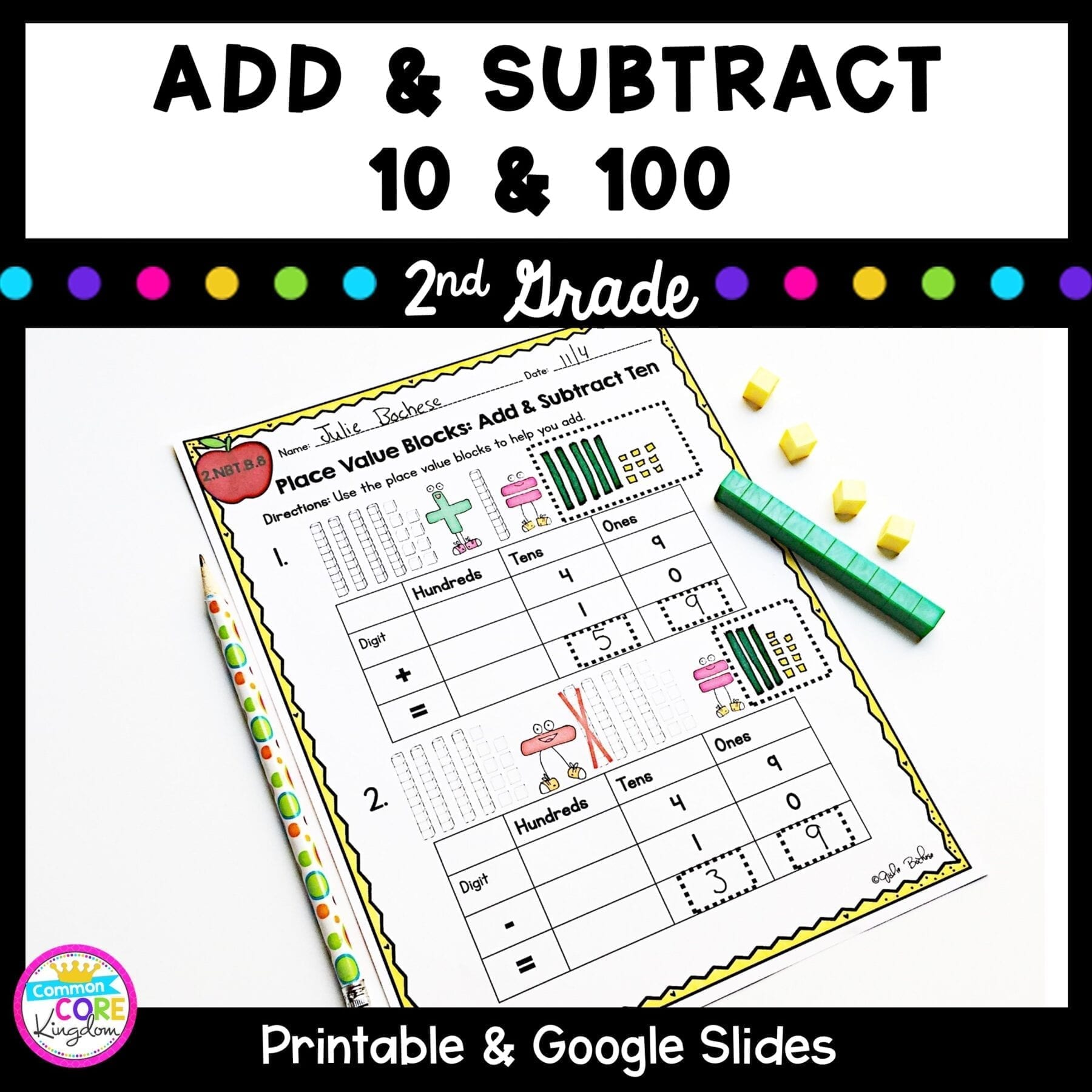 Cover for addition and subtraction resource showing 2nd grade math worksheets