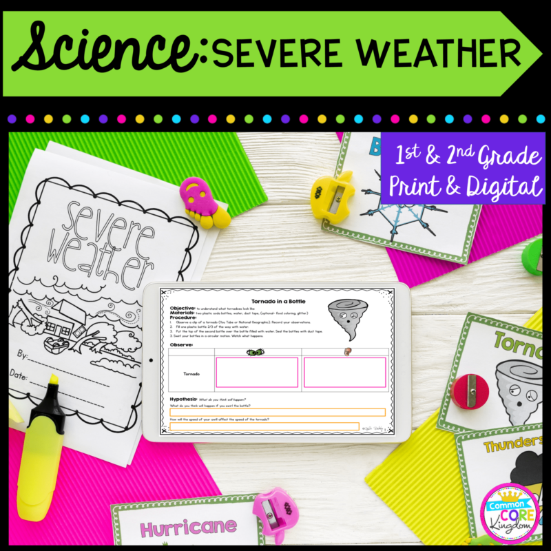 Science: Severe Weather for 1st and 2nd grade cover showing worksheets, a student made book, and a tablet for the printable and digital resource